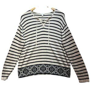 J Jill Women's Lace Up Pullover Sweater Knit Long Sleeve Sz M White Black Stripe